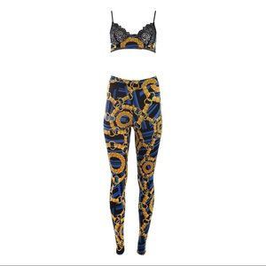 S-Large Blue and gold chain print details bralette with matching tights